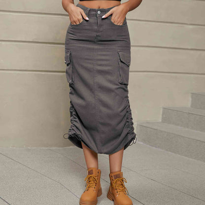 Drawstring Ruched Slit Denim Midi Skirt - Create the impossible