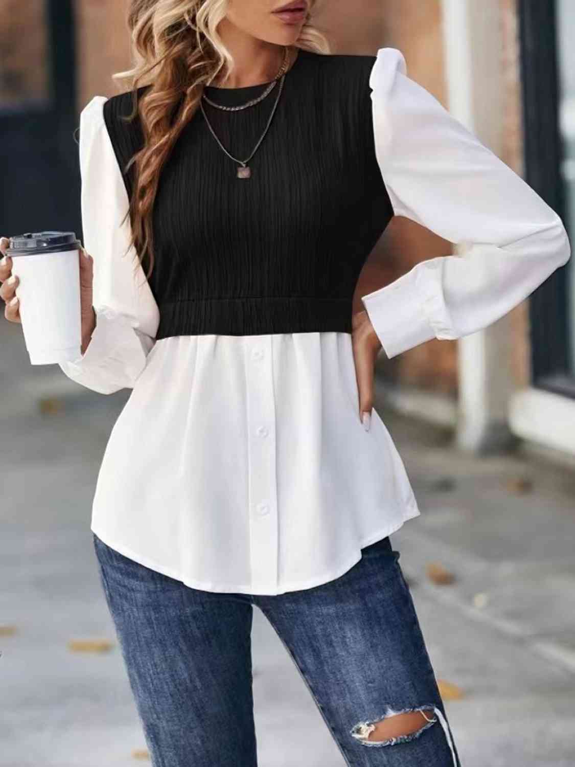 Contrast Round Neck Puff Sleeve Blouse - Create the impossible