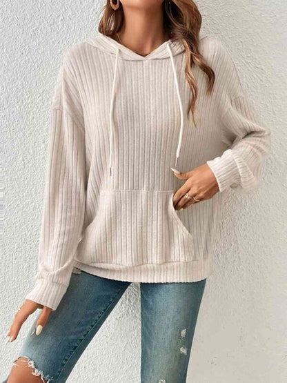 Ribbed Dropped Shoulder Drawstring Hoodie - Create the impossible