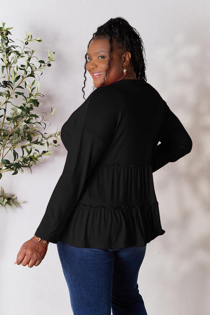 Double Take Half Button Long Sleeve Ruffle Hem Blouse - Create the impossible