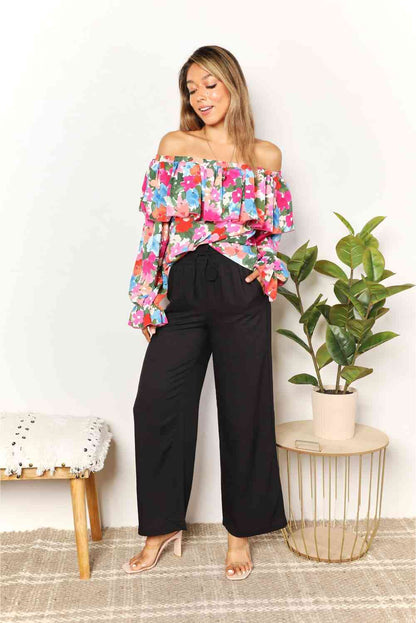 Double Take Floral Off-Shoulder Flounce Sleeve Layered Blouse - Create the impossible