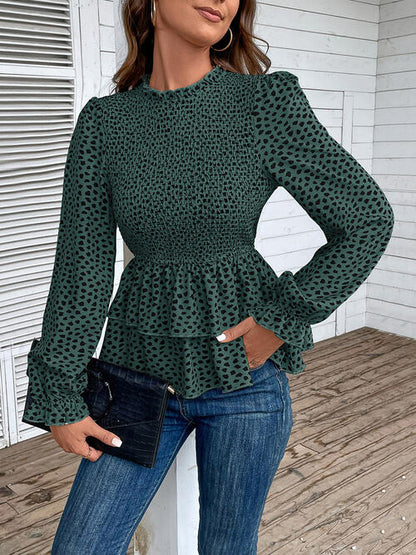 Printed Round Neck Smocked Flounce Sleeve T-Shirt - Create the impossible