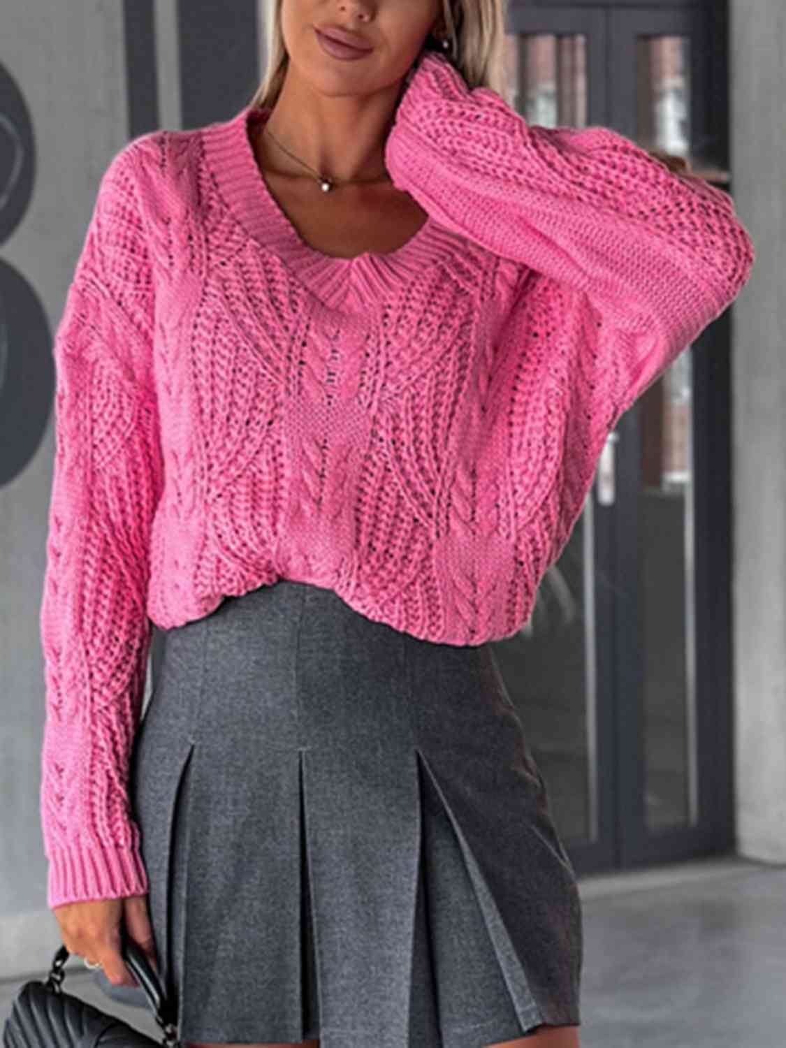 V-Neck Cable-Knit Long Sleeve Sweater