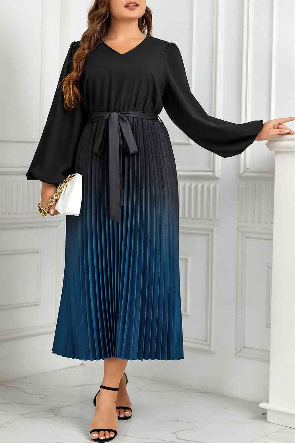 Plus Size V-Neck Long Sleeve Pleated Tie Waist Midi Dress