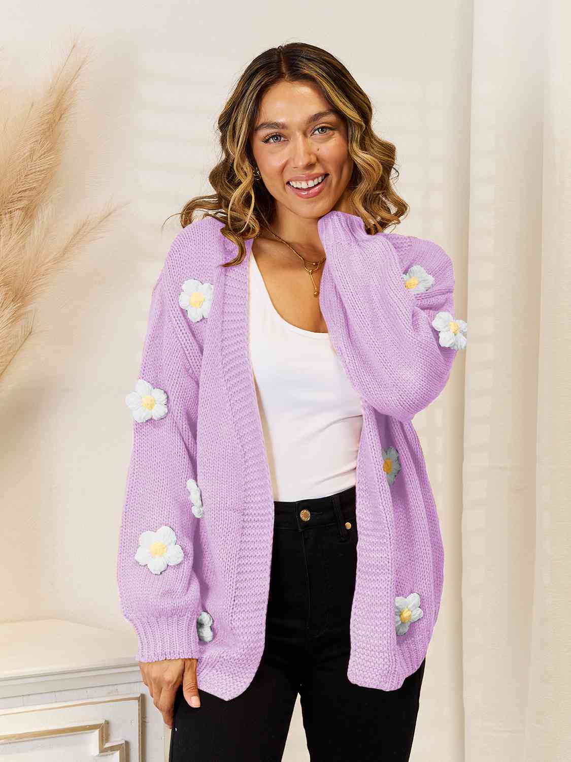 Flower Dropped Shoulder Open Front Cardigan