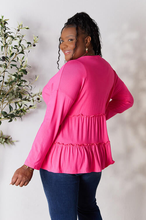 Double Take Half Button Long Sleeve Ruffle Hem Blouse - Create the impossible