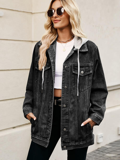 Drawstring Button Up Hooded Denim Jacket