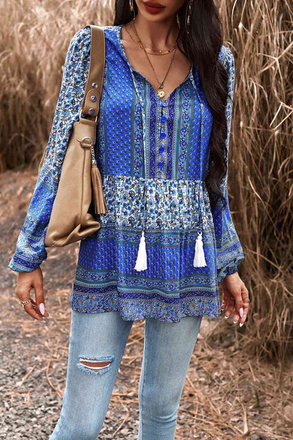 Tassel Tie Long Sleeve Peplum Blouse - Create the impossible