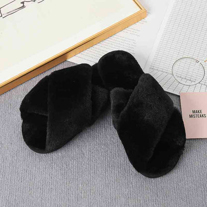 Faux Fur Crisscross Strap Slippers