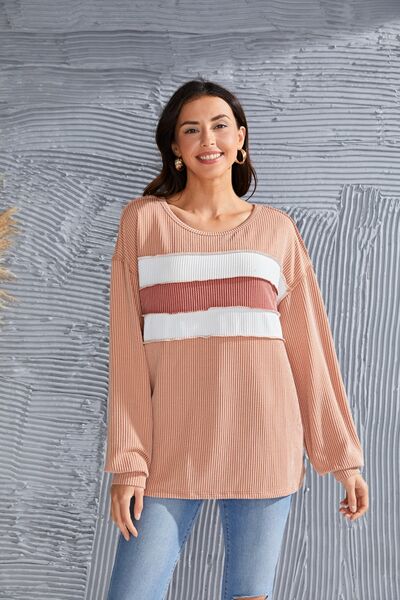 Ribbed Color Block Exposed Seam Round Neck Blouse