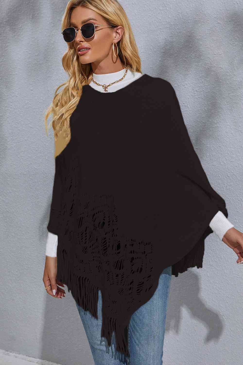 Round Neck Fringe Detail Poncho