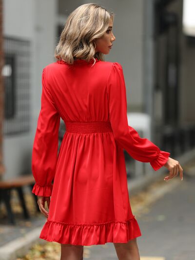 Ruffle Trim V-Neck Flounce Sleeve Dress