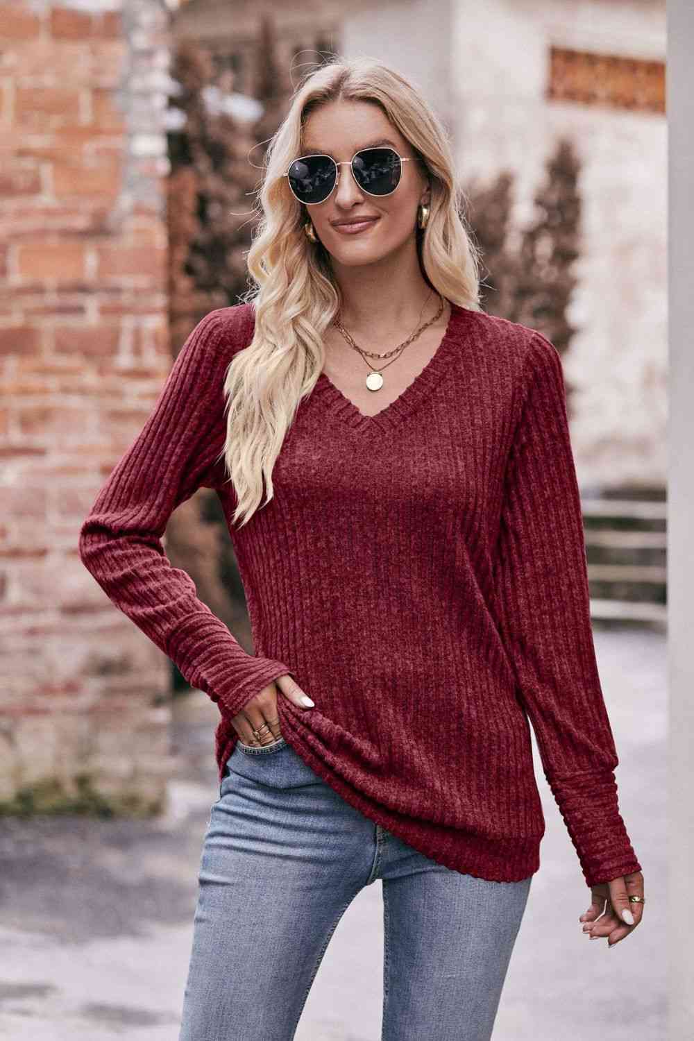 Double Take V-Neck Long Sleeve Ribbed Top - Create the impossible