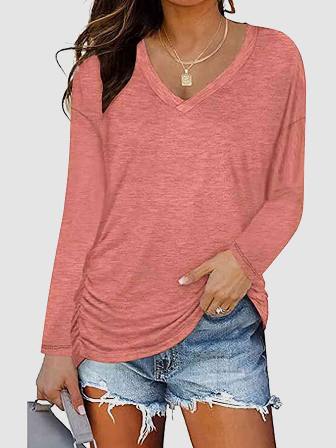 Ruched V-Neck Long Sleeve T-Shirt