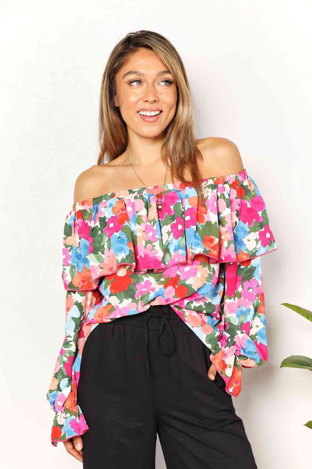 Double Take Floral Off-Shoulder Flounce Sleeve Layered Blouse - Create the impossible