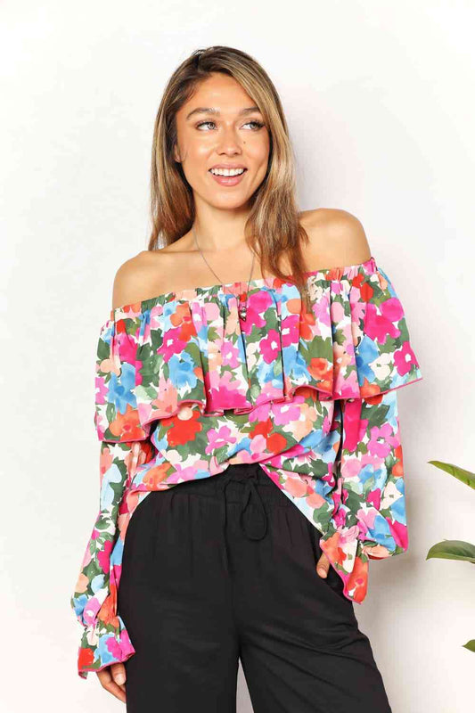 Double Take Floral Off-Shoulder Flounce Sleeve Layered Blouse - Create the impossible