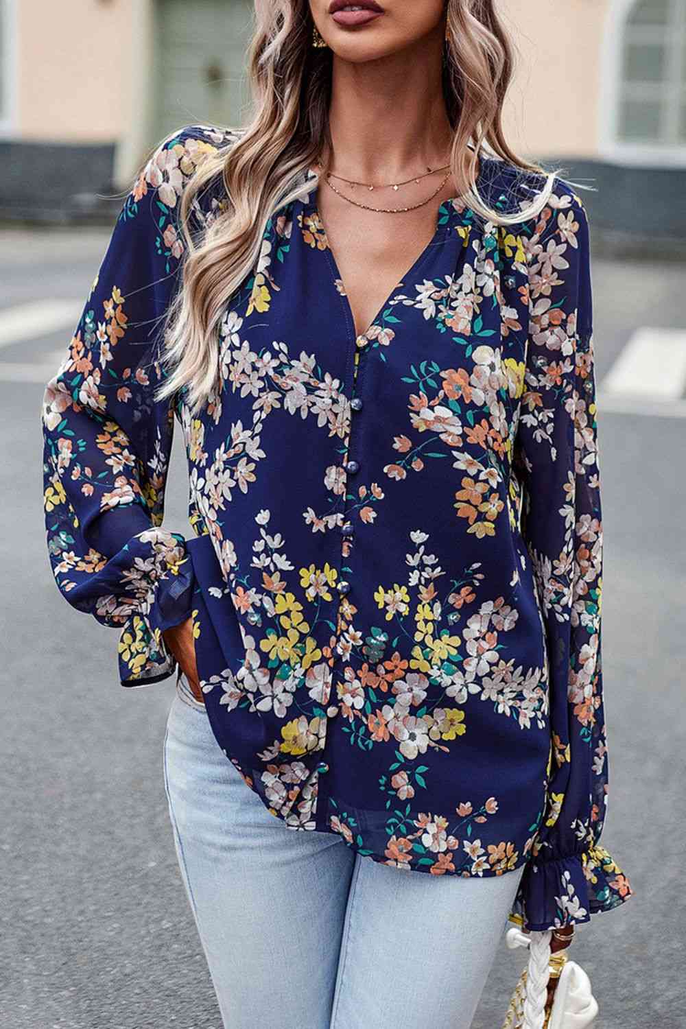 Floral Print Flounce Sleeve Blouse