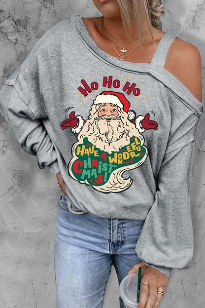 Santa Claus Graphic Asymmetrical Neck Long Sleeve Top - Create the impossible