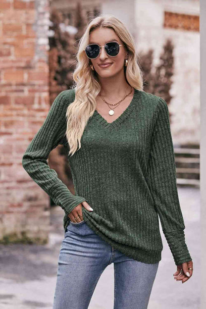 Double Take V-Neck Long Sleeve Ribbed Top - Create the impossible