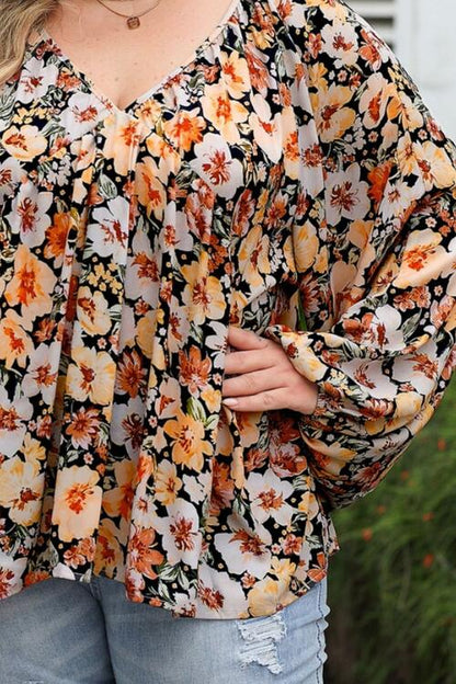 Plus Size Floral V-Neck Balloon Sleeve Blouse - Create the impossible