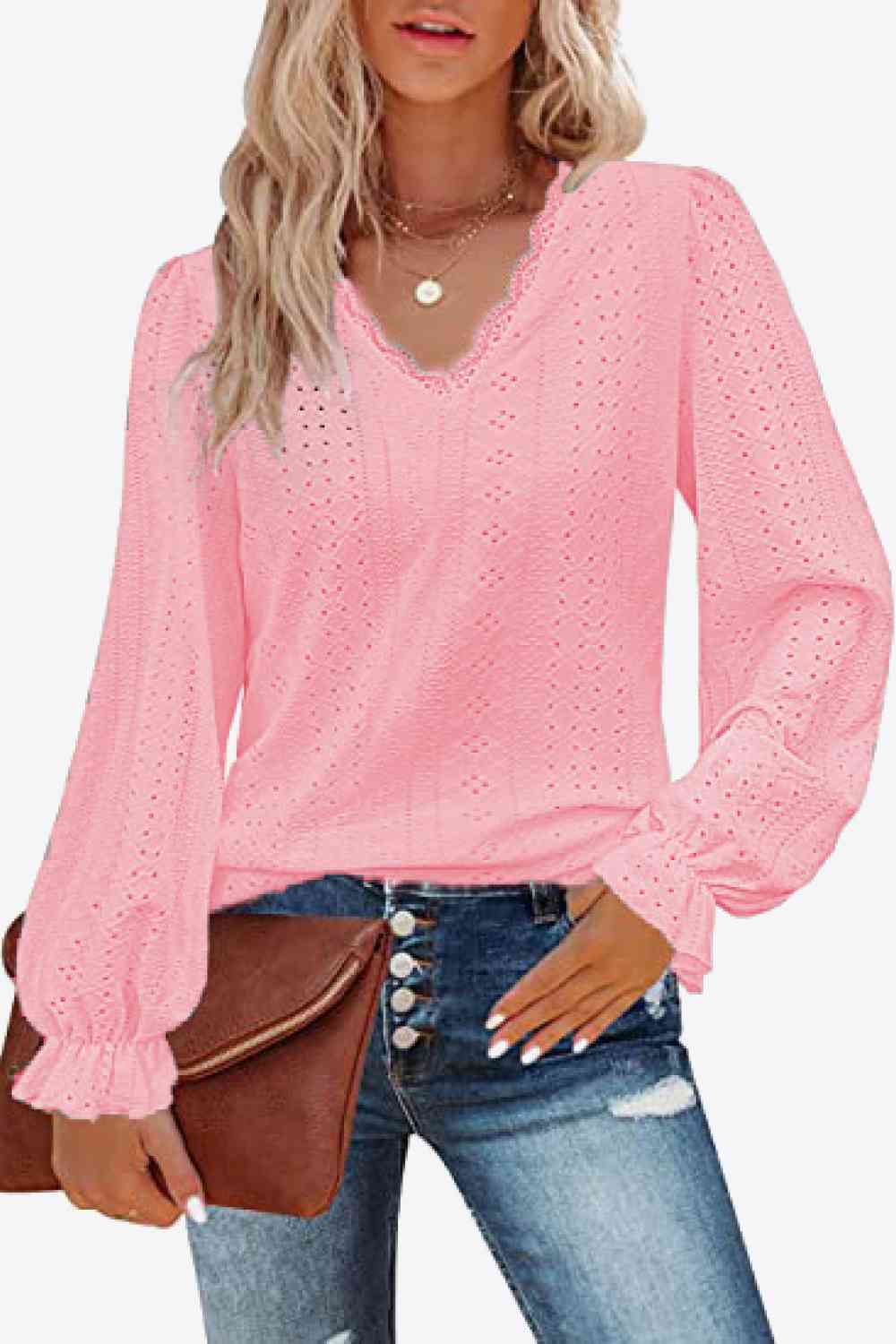 Eyelet V-Neck Flounce Sleeve Blouse - Create the impossible