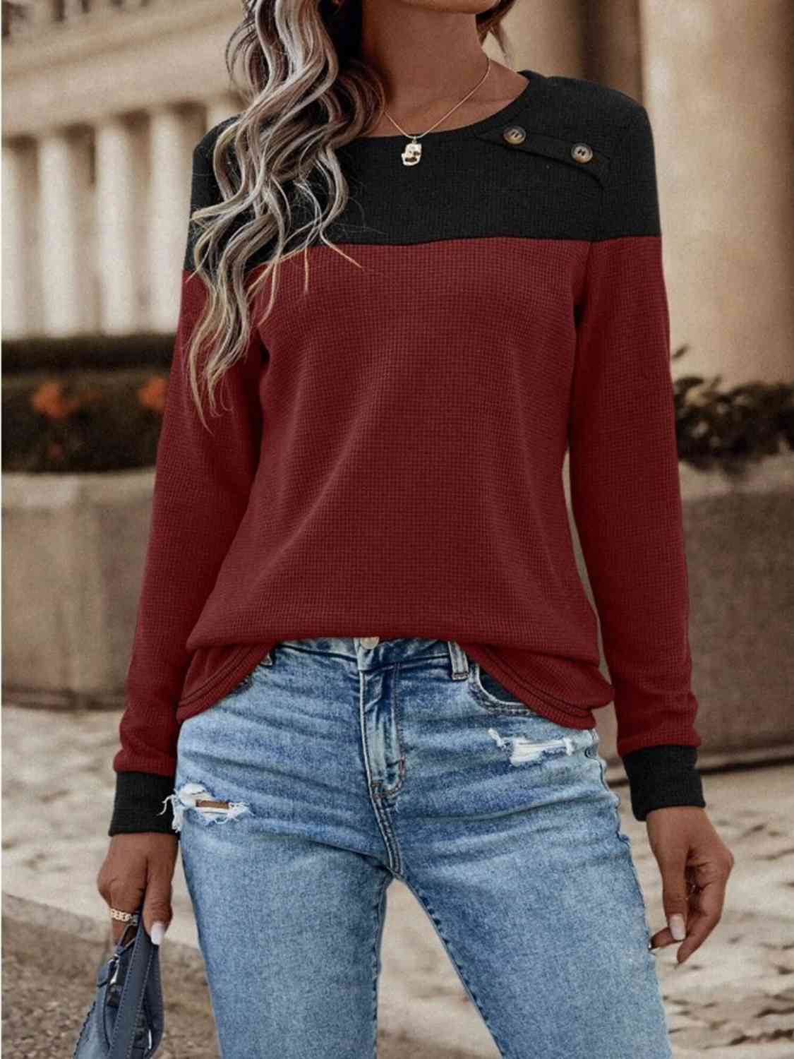 Contrast Buttoned Round Neck Long Sleeve T-Shirt