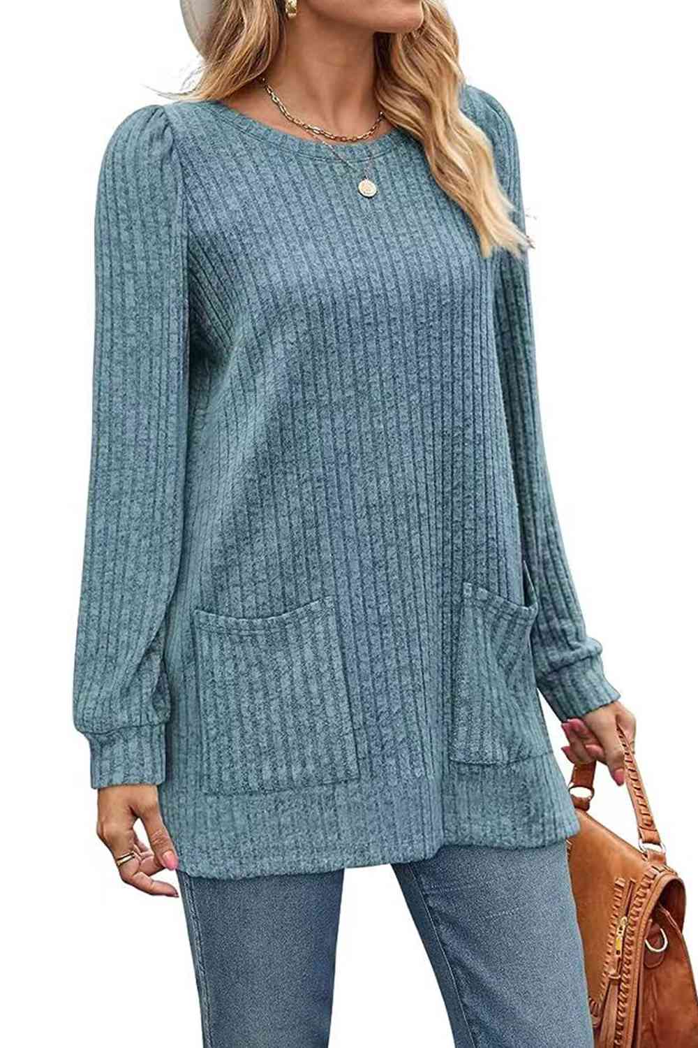 Ribbed Round Neck Long Sleeve T-Shirt