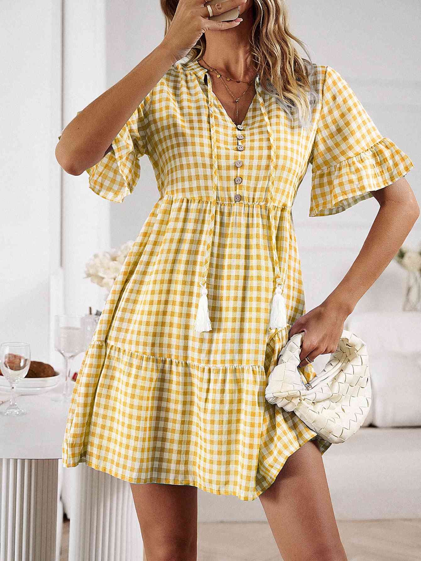 Plaid Flounce Sleeve Buttoned Mini Dress