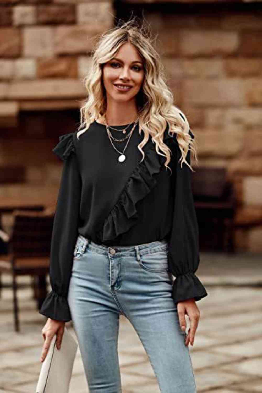 Ruffled Round Neck Long Sleeve Top - Create the impossible