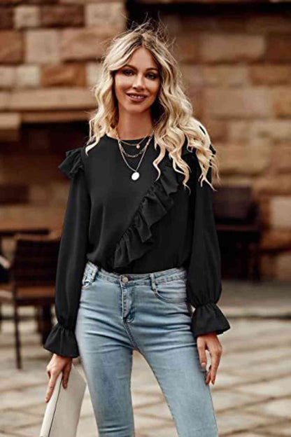 Ruffled Round Neck Long Sleeve Top - Create the impossible