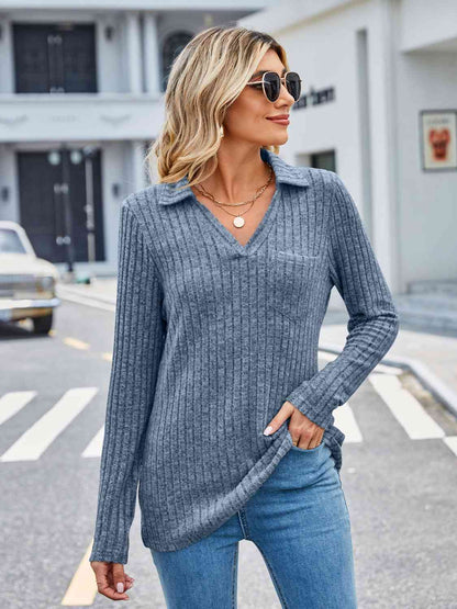 Ribbed Notched Long Sleeve T-Shirt with Pocket