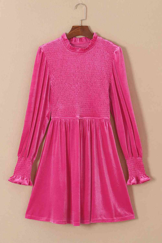 Smocked Round Neck Long Sleeve Dress