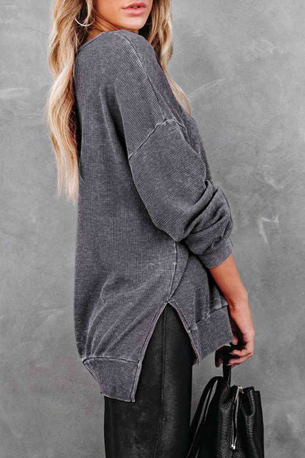 Waffle Knit Side Slit Drop Shoulder Sweatshirt