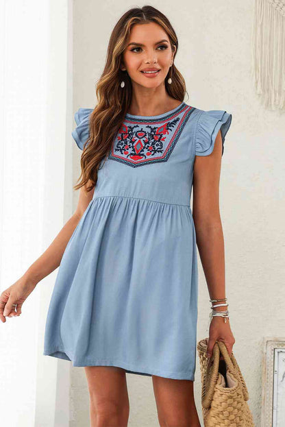 Round Neck Flutter Sleeve Dress