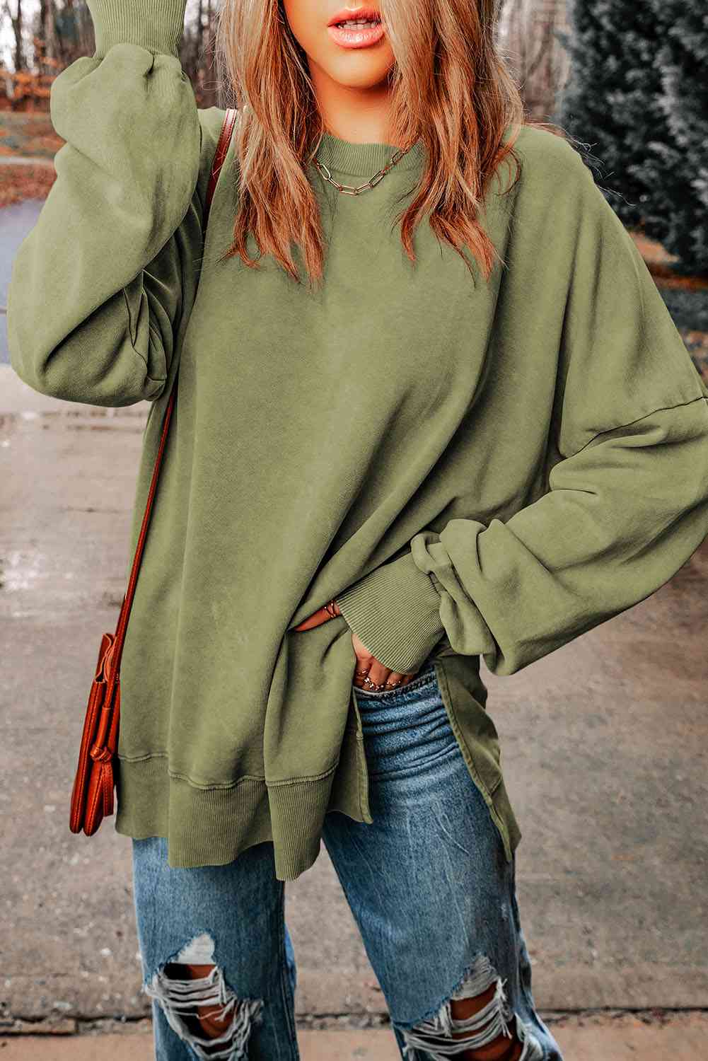 Dropped Shoulder Round Neck Long Sleeve Blouse - Create the impossible