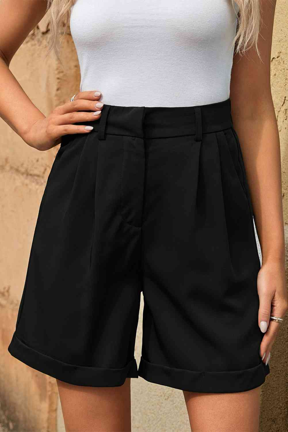 Pleated High Waist Shorts with Pockets