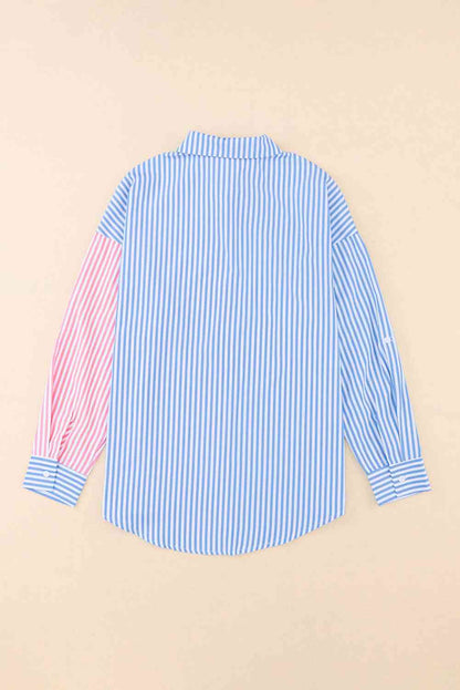 Striped Two-Tone Long Sleeve Shirt with Pocket