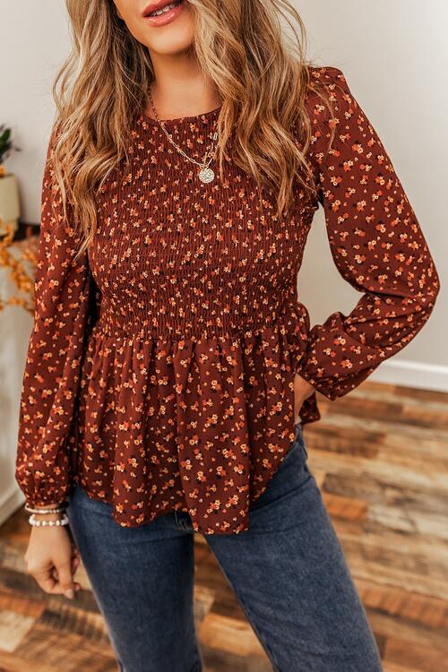 Floral Smocked Ruffle Hem Long Sleeve Blouse - Create the impossible