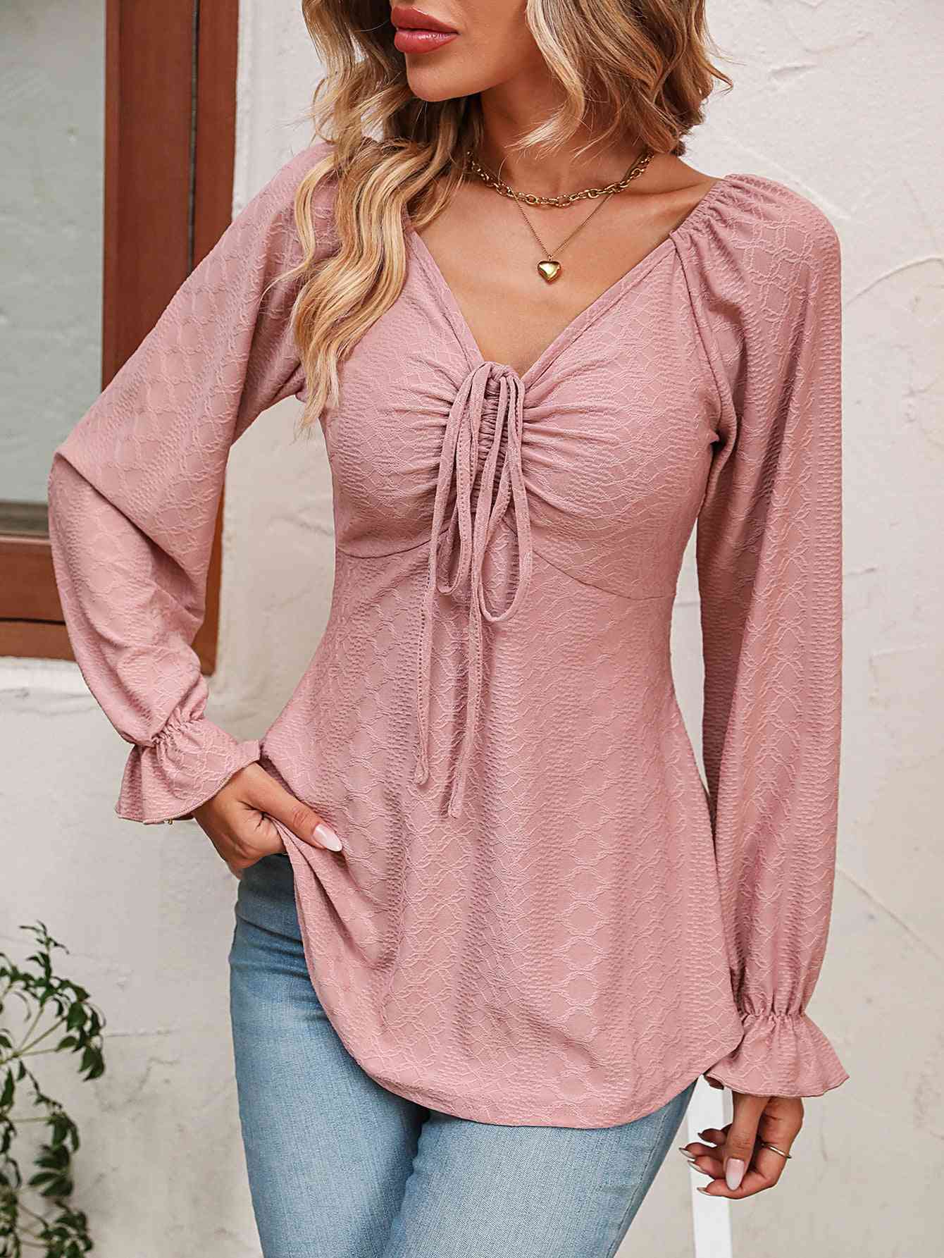 Tie Front V-Neck Puff Sleeve Blouse - Create the impossible