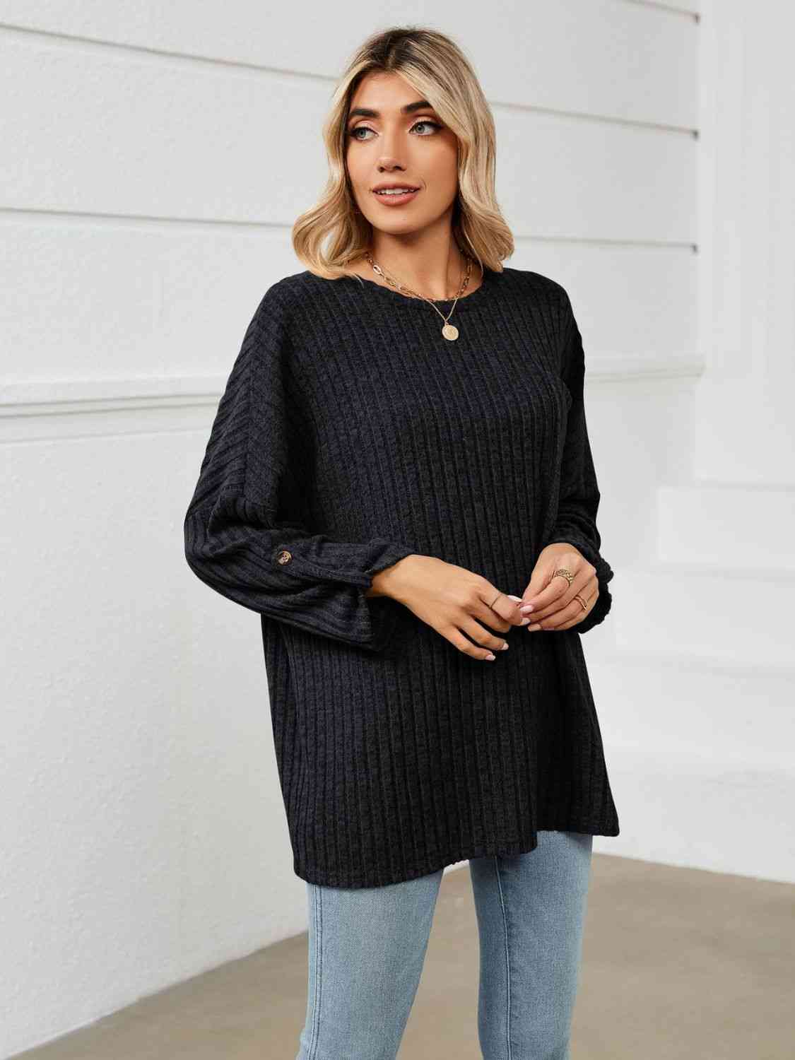 Round Neck Ribbed Long Sleeve T-Shirt