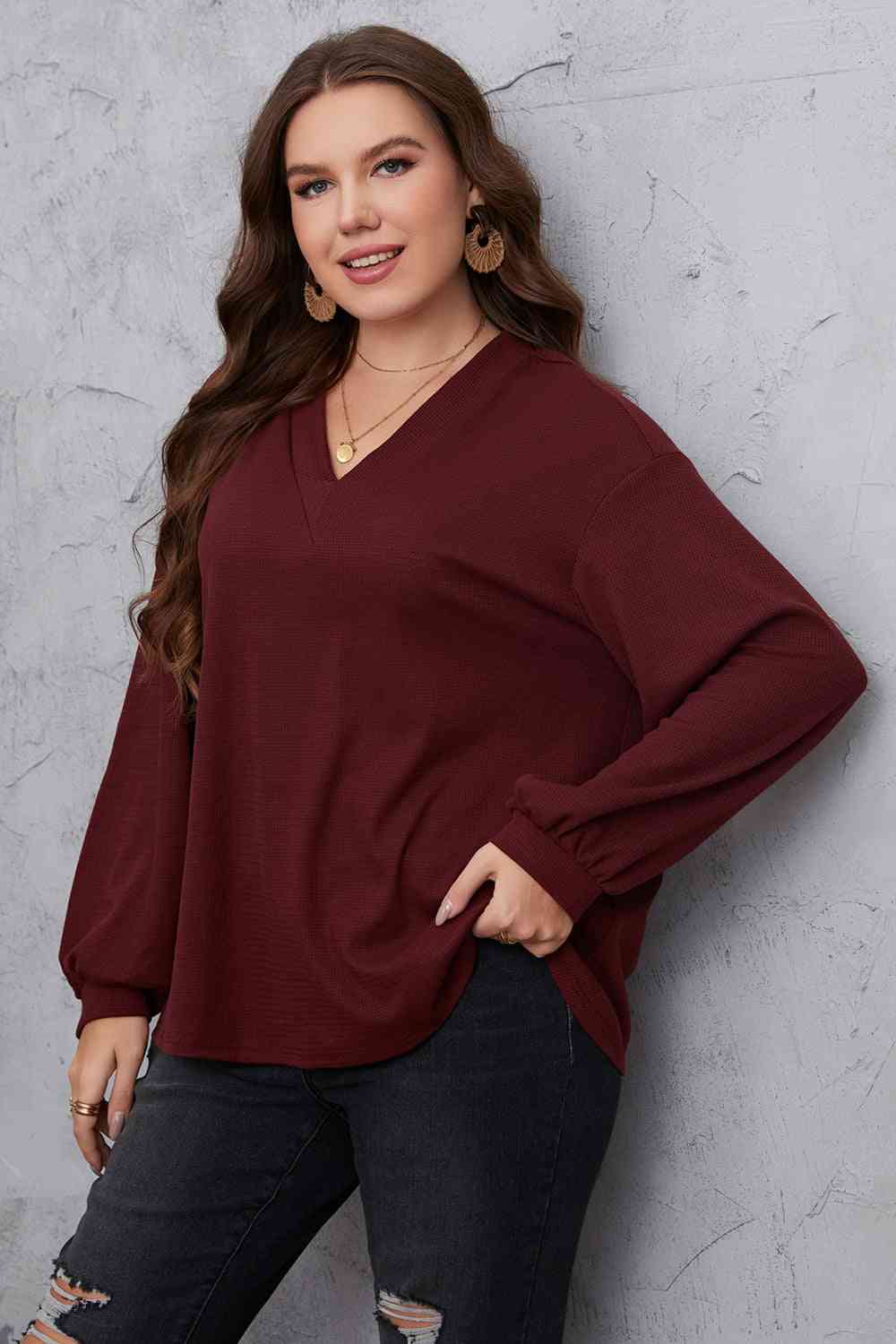 Melo Apparel Plus Size V-Neck Dropped Shoulder Blouse - Create the impossible