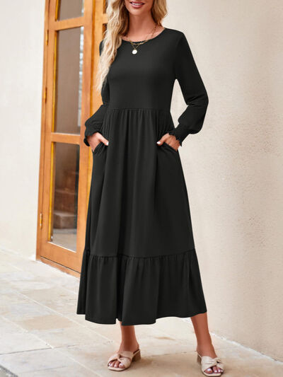 Round Neck Lantern Sleeve Ruffle Hem Dress