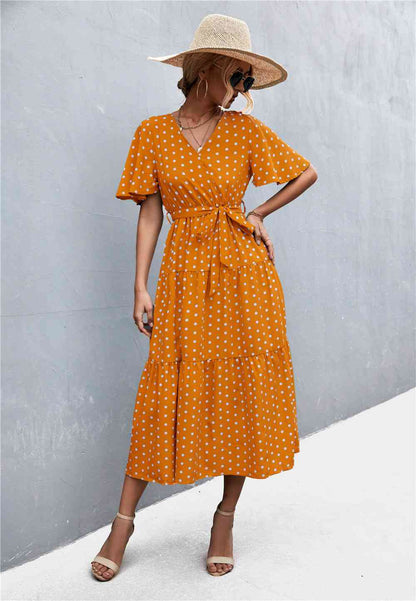 Printed V-Neck Flutter Sleeve Belted Dress - Create the impossible