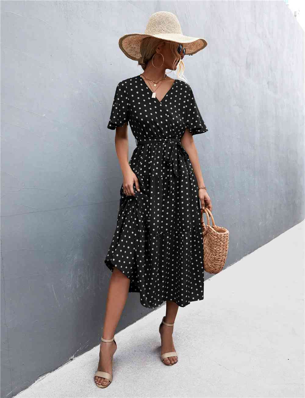 Printed V-Neck Flutter Sleeve Belted Dress - Create the impossible