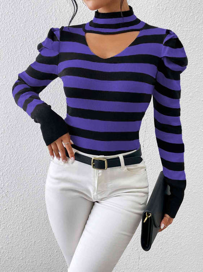 Striped Cutout Mock Neck Knit Top