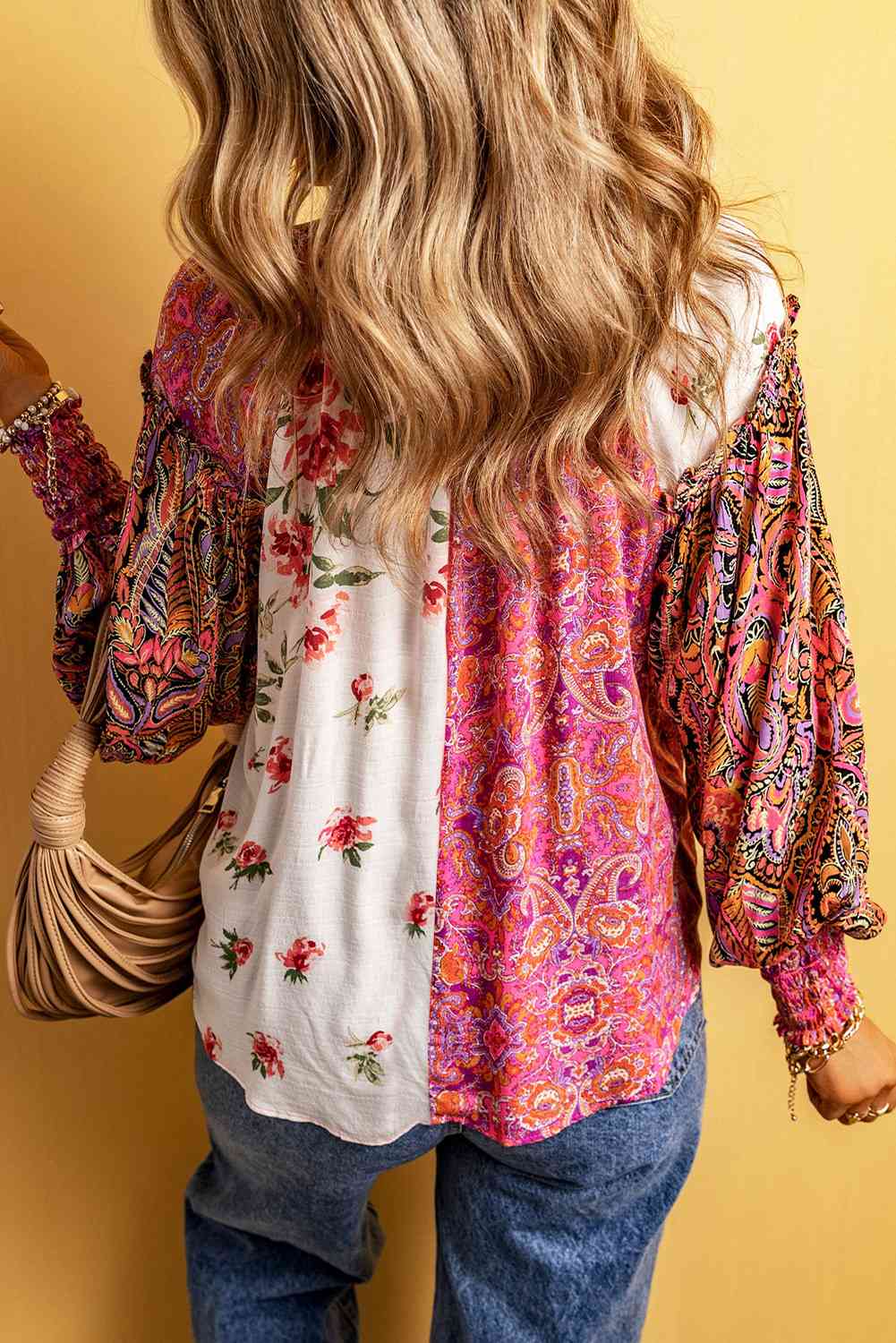 Multicolor Floral Notched Neck Lantern Sleeve Blouse - Create the impossible