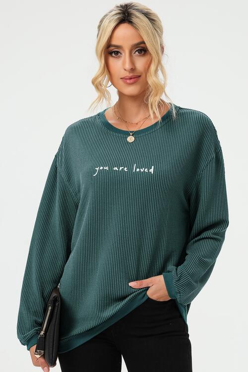 YOU ARE LOVED Graphic Dropped Shoulder Corduroy Sweatshirt