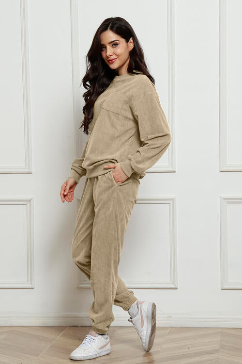 Corduroy Round Neck Sweatshirt and Sweatpants Set - Create the impossible