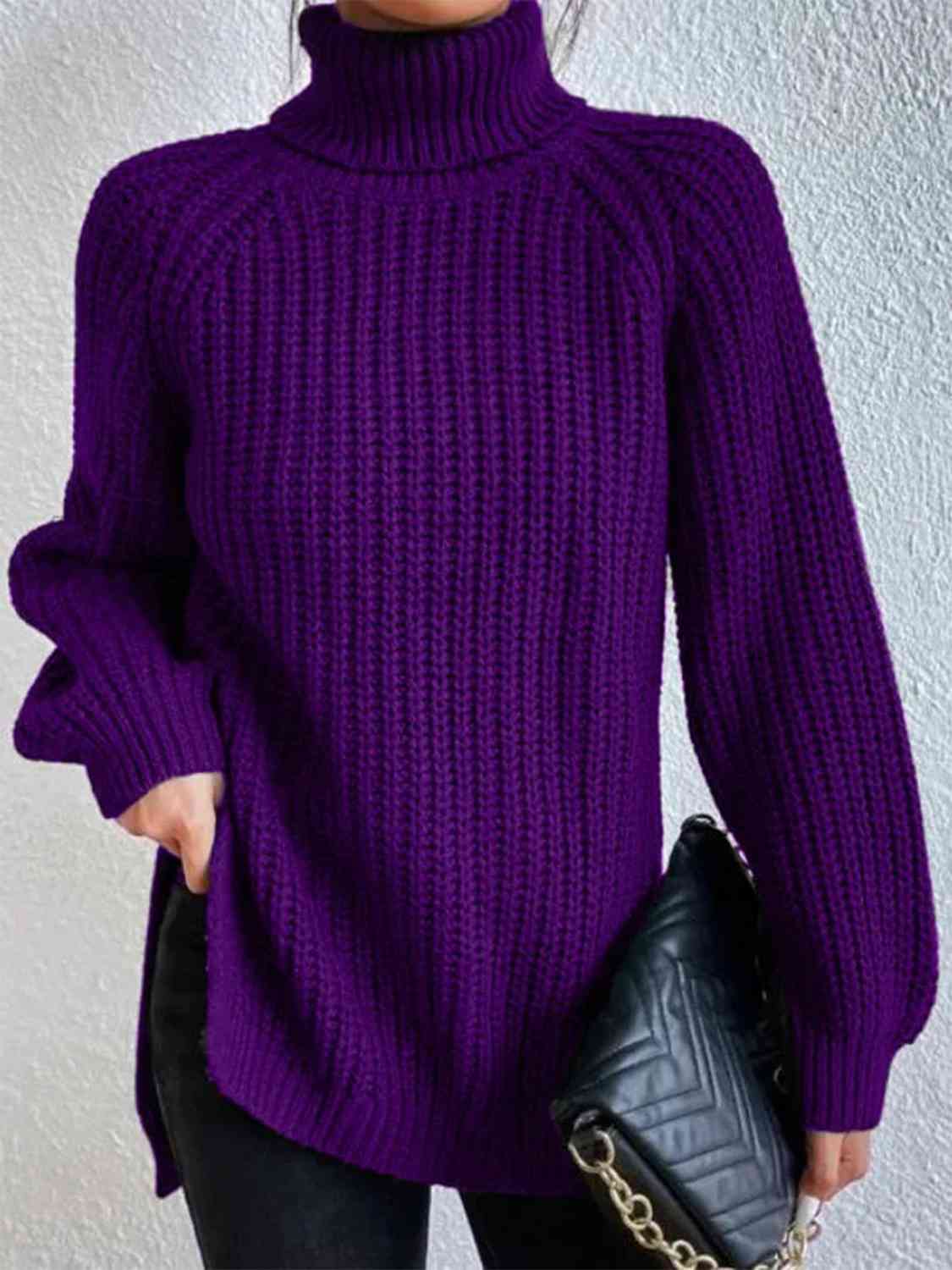 Full Size Turtleneck Rib-Knit Slit Sweater - Create the impossible