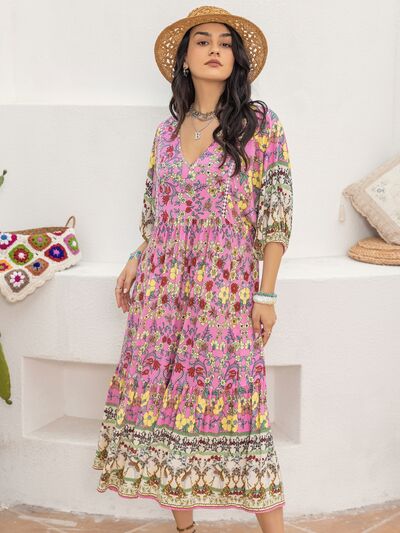 Printed V-Neck Balloon Sleeve Dress